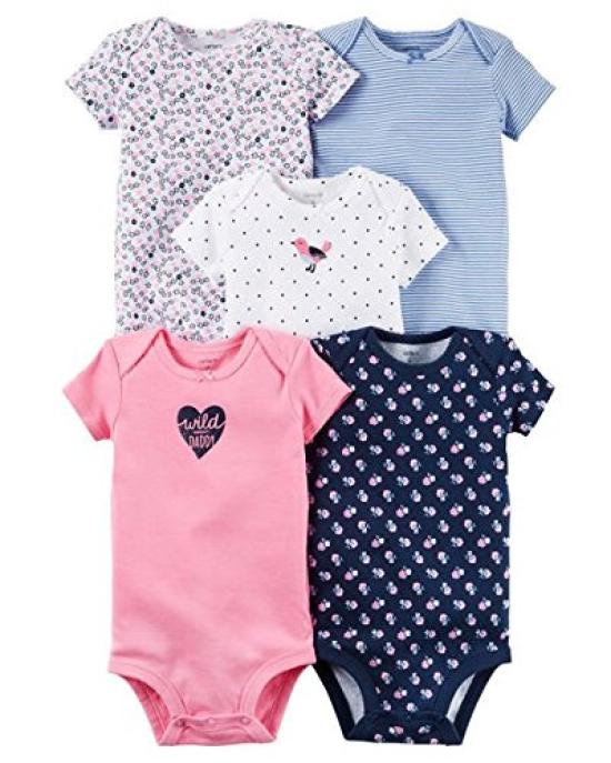 Set of Cute and Border Baby Bodysuits for Girls Months Carter's 5-piece Heart, Dot, Short-sleeve (12 (72-78cm)) [Used]