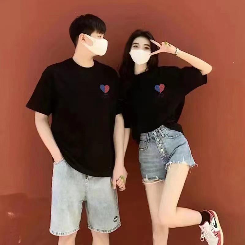 Trendy Summer Short Sleeve French Streetwear Couple T-shirts Black T-shirt with Heart Print
