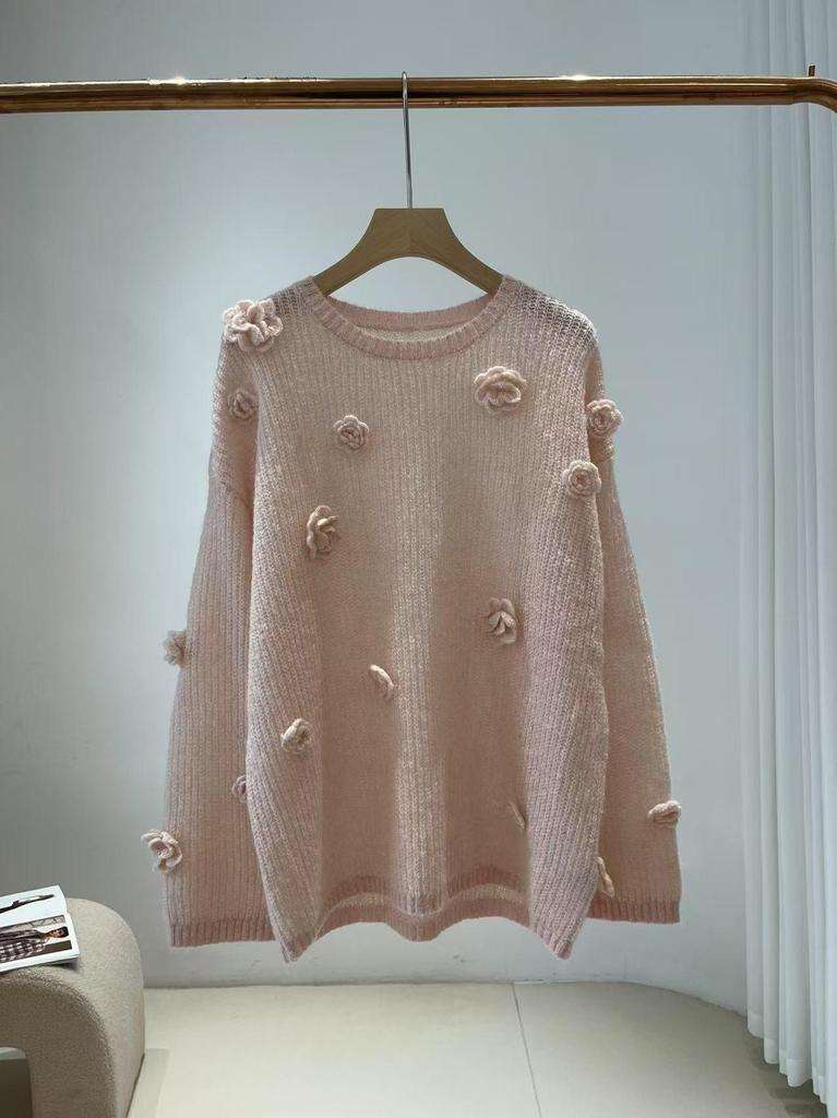 Women's Floral Mink Velvet Sweater Coat - Soft, Plush, Warm, Round Neck, Chic French Design for Autumn/Winter