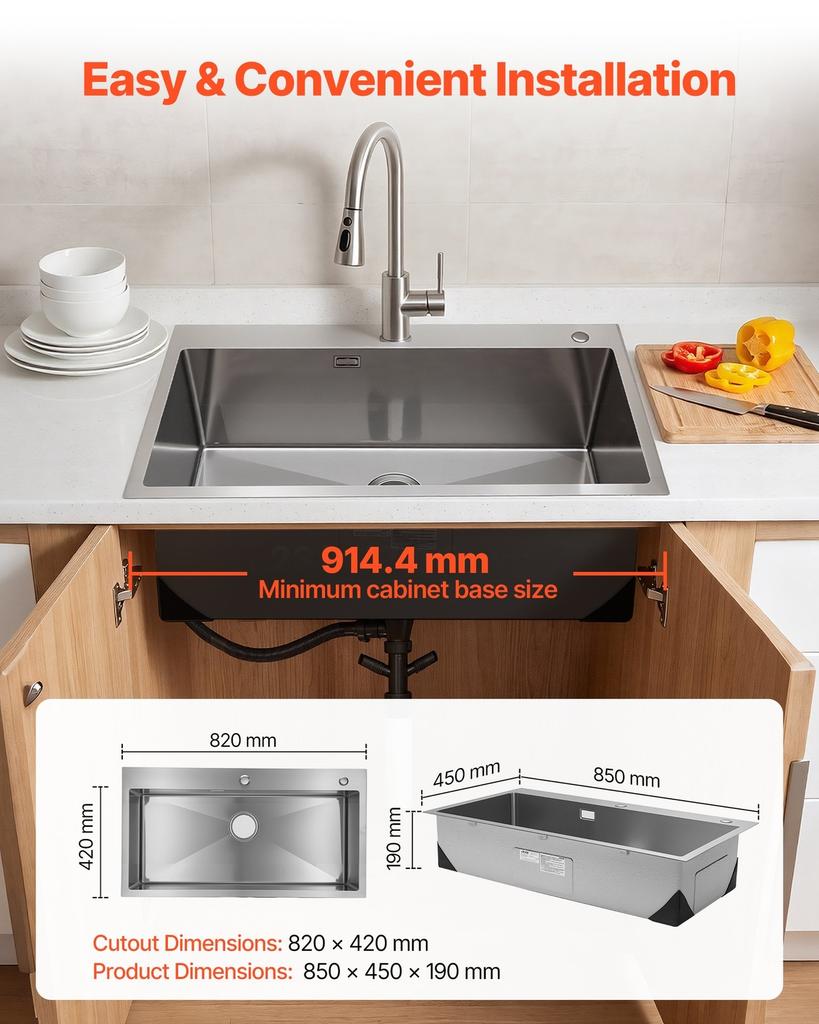 85cm Kitchen Top Mount Single Bowl Sinks, Stainless Steel Drop-In Farmhouse Basin with Accessories, Household Dishwasher Sinks for RV, Prep Kitchen,