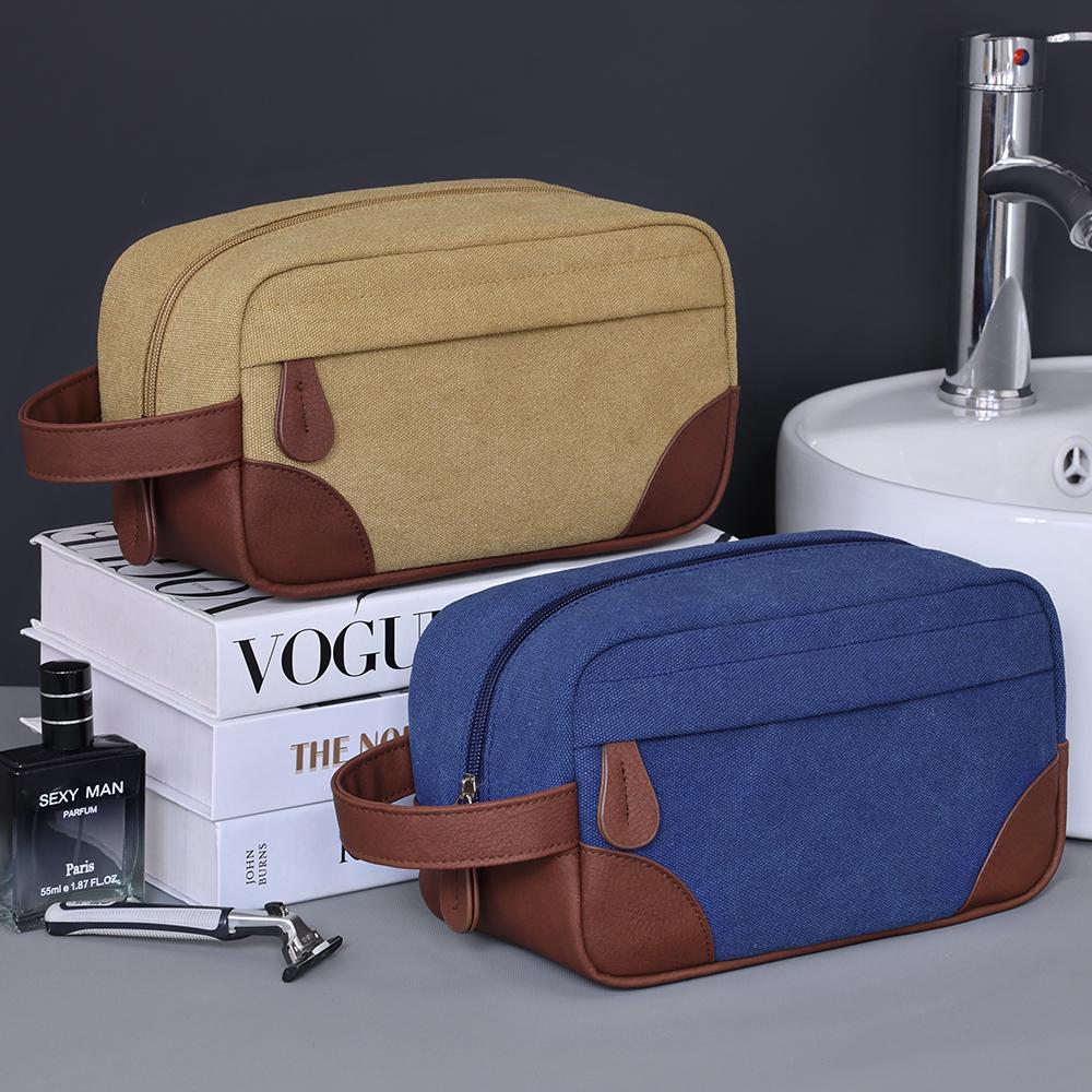 Handing Toiletry PU Leather Canvas Men Wash Shaving Women Toiletry Storage Waterproof Makeup Travel Organizer Retro Cosmetic Bag