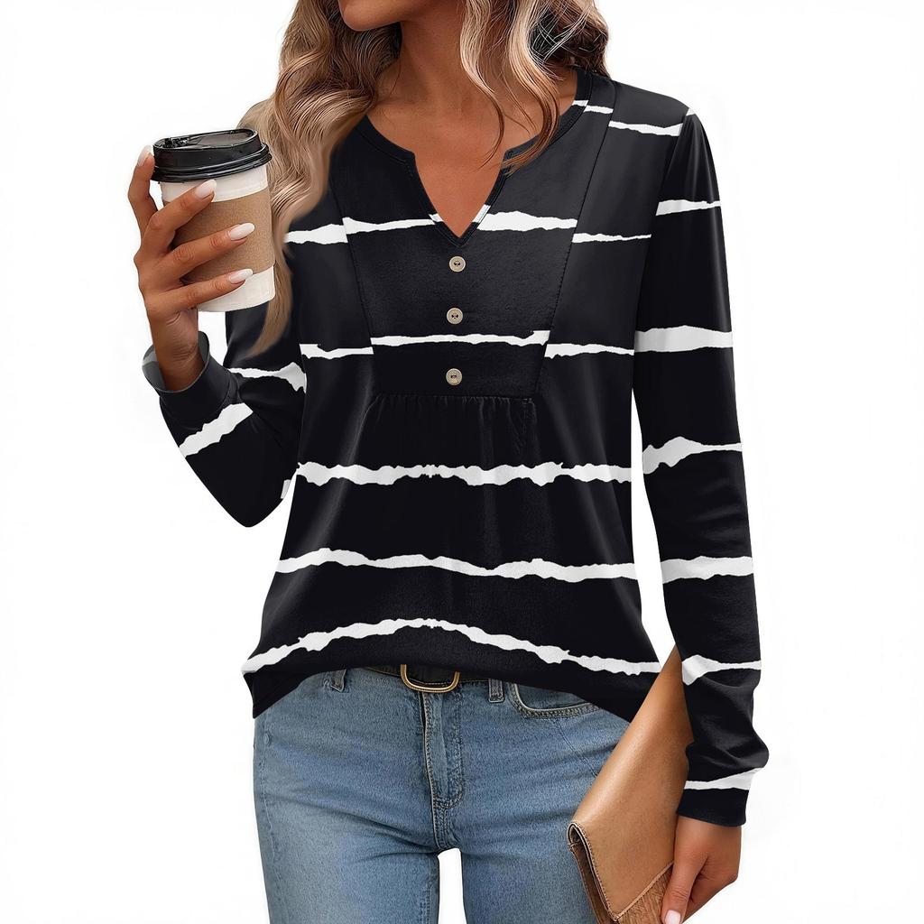 Women's Fashionable Casual V-neck Blouse Button Long-sleeved Pullover T-shirt Top