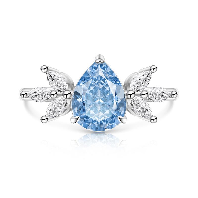 925 Sterling Silver Ice Flower Cut Pear Shape Color Gem Ring for Women Inlaid Brilliant High Carbon Diamond Band Daily Jewelry Gift