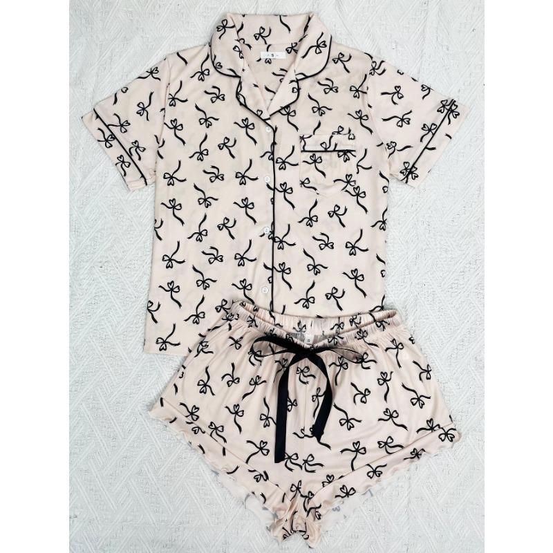 Women European Style Casual Printed Short Sleeve Shorts Pajama Two Piece Set Home Loungewear