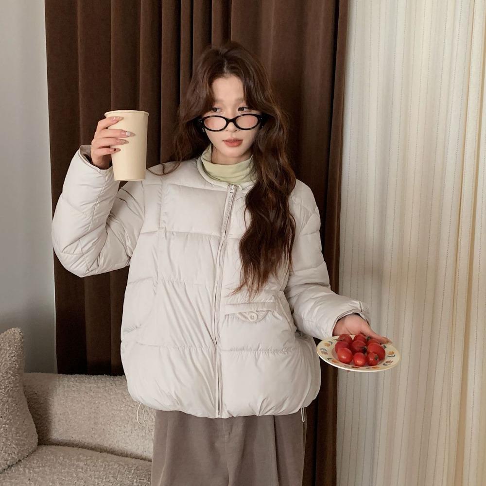 Korean Winter Short Puffer Coat for Women Round Neck Casual Loose Fit Petite Commuter Outerwear