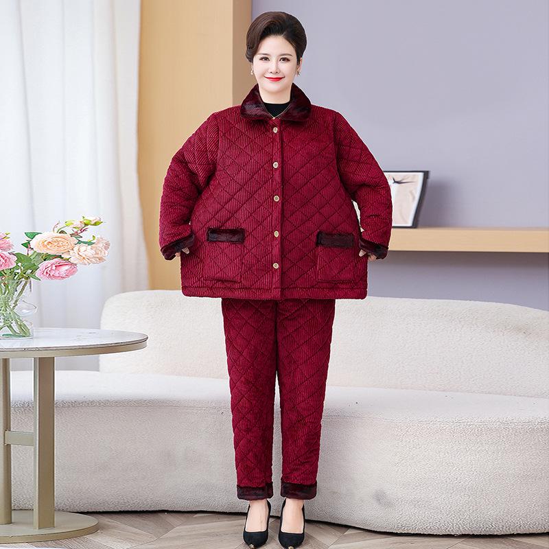 Plus Size Fleece-Lined Maternity Winter Pajama Set for Middle-Aged and Elderly Women