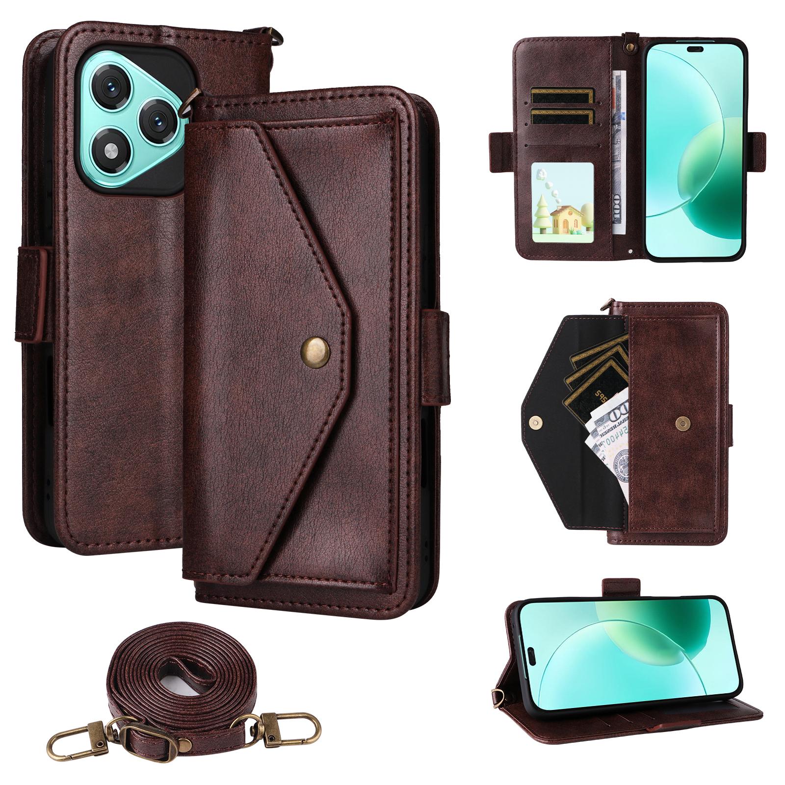 

For Honor 400 Lite 5G Leather Case Magnetic Closure Wallet Stand Phone Cover with Crossbody Strap Brown