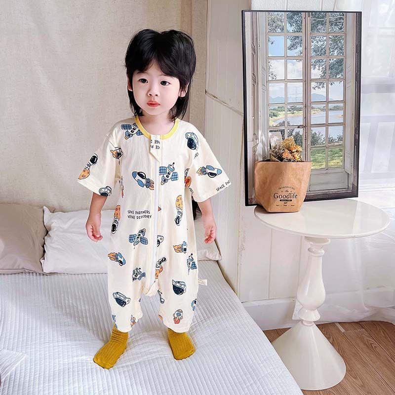 Lightweight Pure Cotton Short Sleeve Baby Sleeping Bag - Anti-kick, Breathable One-piece Pajamas & Crawling Romper for Home Wear