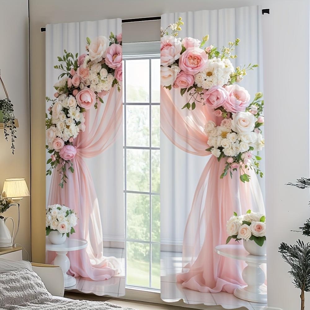 2 Pieces of Pink Rose Wedding Printed Curtains   Pole Bag Curtains 14*39   Home Decoration   Room Decoration