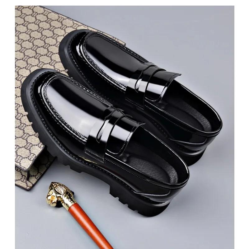 Fashion Designer New Thick Sole Bright Surface Breathable Men's Loafers Fashion Thick Sole British Style Business Leather Man Shoes