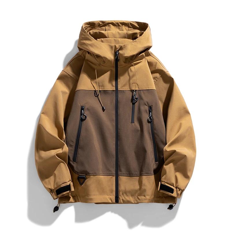 

2026 Spring Autumn Men Patchwork Jackets Men Hooded Casual Coats Man High Street Multi-Pocket Jacket Unisex Outdoors Jackets S колір світло кави