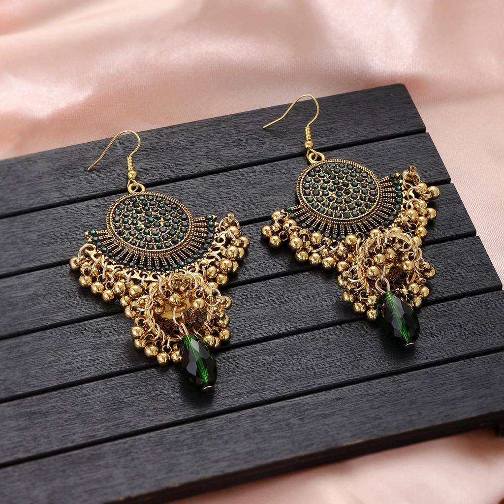 New Vintage Colorful Crystal Earring for Women Luxury Gold Color Round Carved Bell Pendant Earrings Girl Female Boho Jewelry