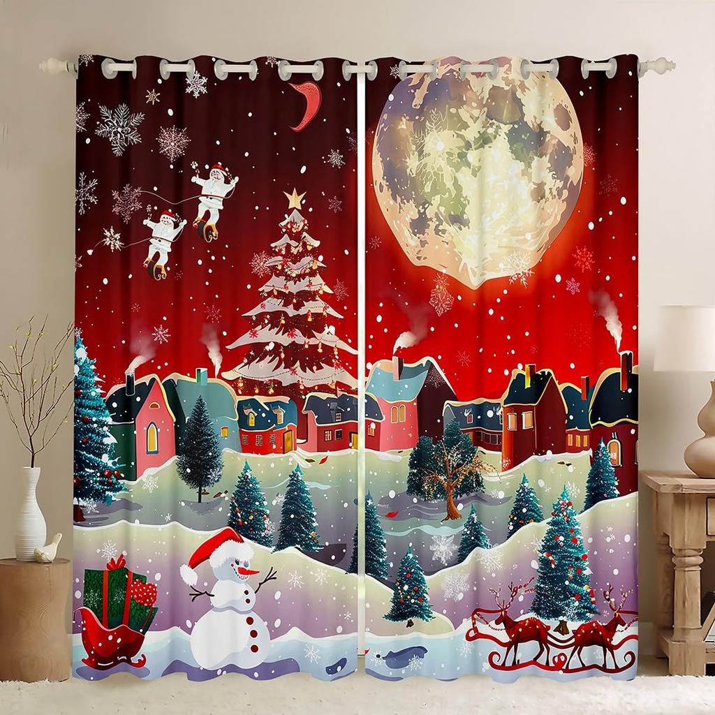 Blackout Christmas Tree Curtain Cute Santa Claus Living Room Decor Cartoon Snowman Window Curtains Drape Made Of Polyester Washable Sitting Ready
