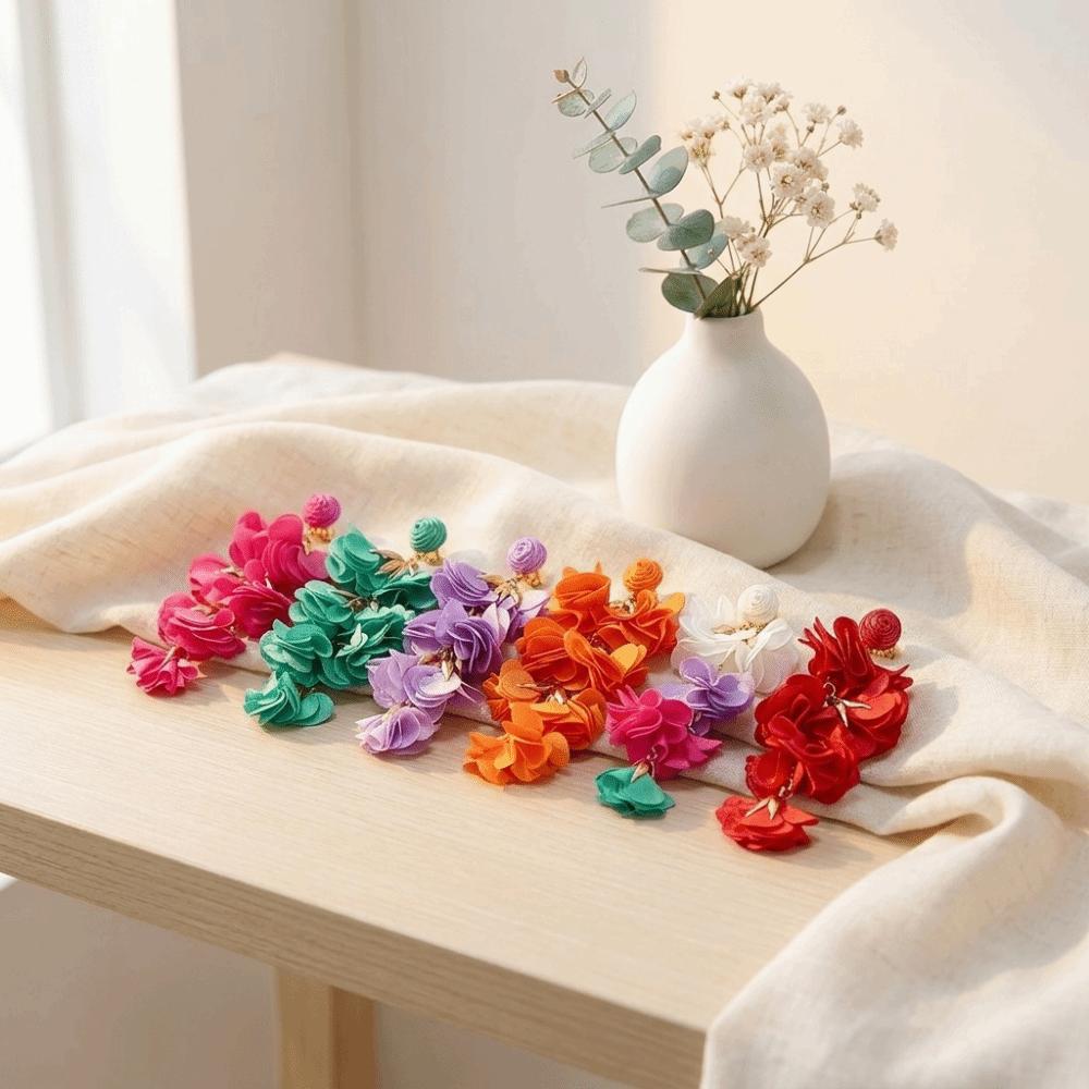 Colorful Fabric Flower Clip-On Earrings Petal Design Non-Piercing Earrings  Beach