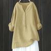 European American Loose Solid Color Stand Collar Button Long Sleeve Cotton Linen Top
