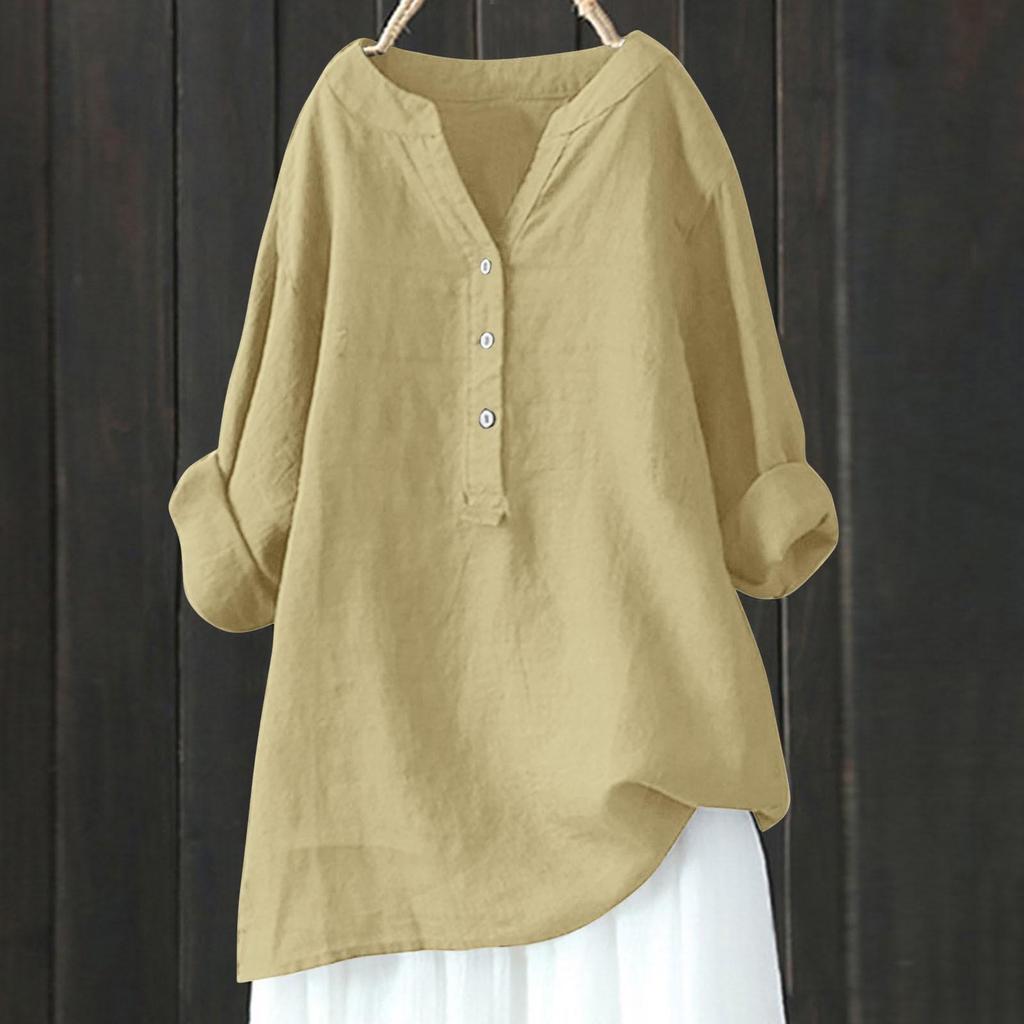 European American Loose Solid Color Stand Collar Button Long Sleeve Cotton Linen Top