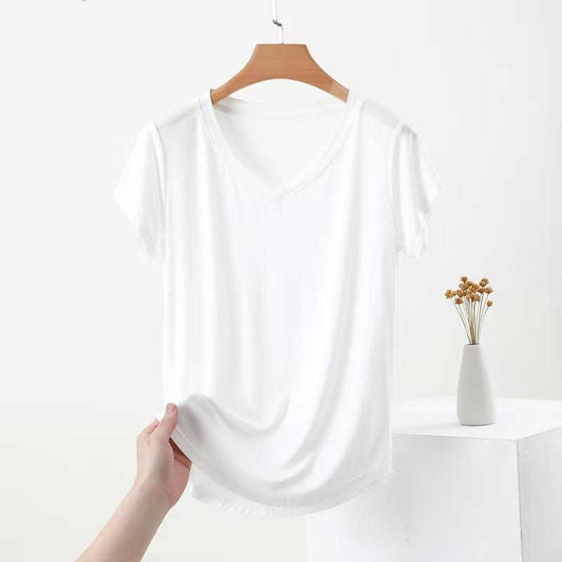 Ladies' Loose Fit Modal T-Shirt Summer V Neck Short Sleeve Solid Color Tee Top for Womens