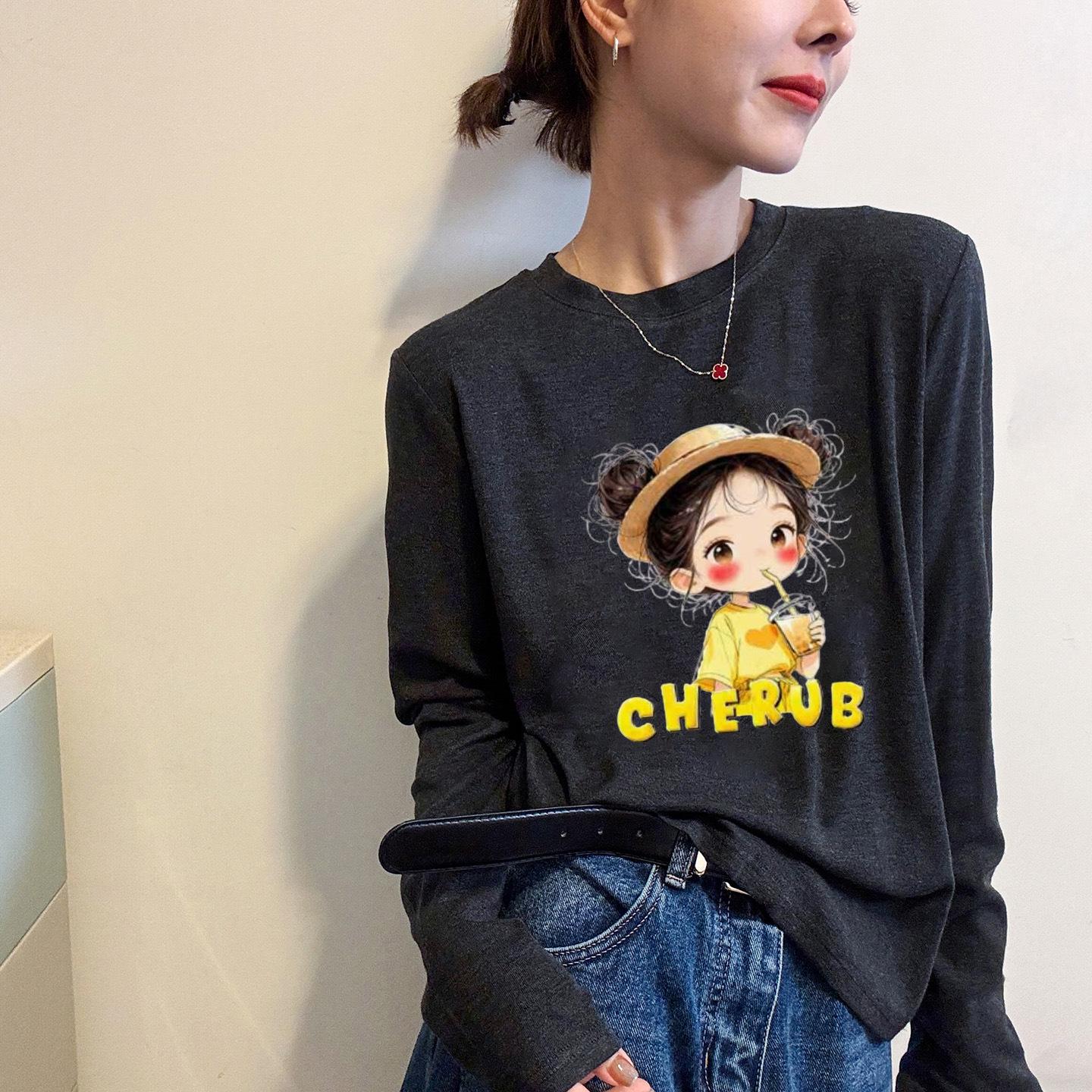 

European Style Cartoon Girl Print Long Sleeve Women s T-Shirt - Autumn/Winter Base Layer Trendy Top L деревне вугілля/сірий колір