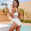 2-teiliges Bikini-Set für Damen, Farbblock, V-Ausschnitt, BH mit hoch taillierter Badehose, verstellbare Träger, Strandbademode