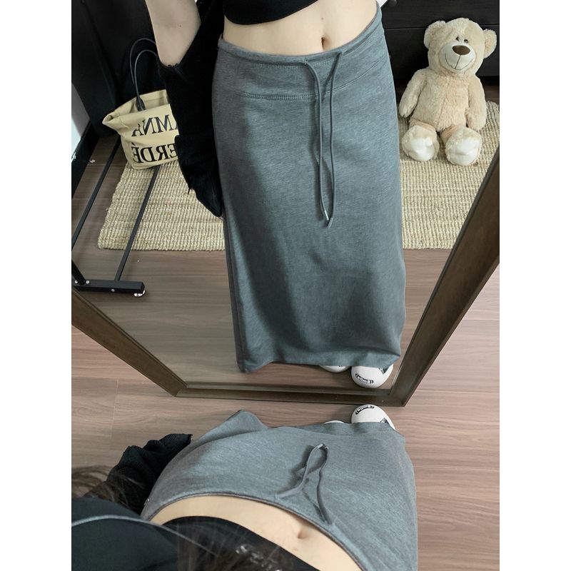 Korean Drawstring Split Skirt Draping Effect A- line Skirt Women's Autumn High Waist All-Matching Straight Skirt Gray Long Skirt