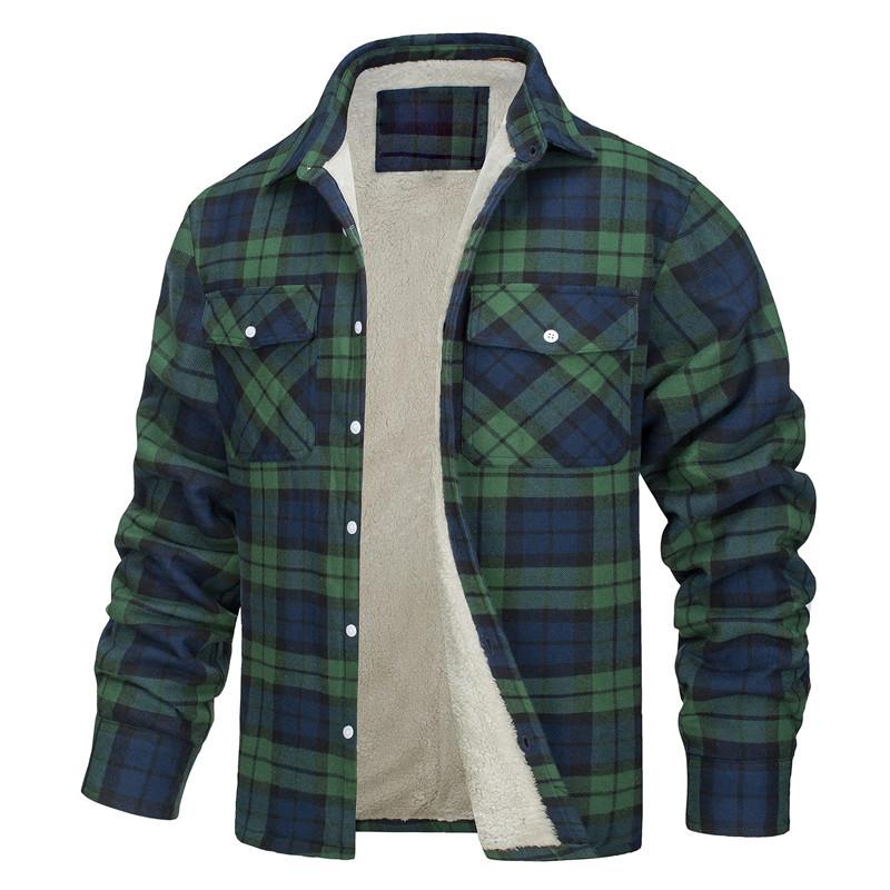 Men's Plaid Shirt Jacket Button Up Casual Cotton Jacket Thicken Warm Spring Work Coat Outerwear Plus Size