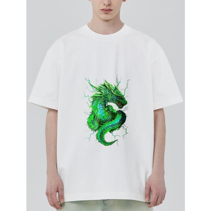 Rundhals T-Shirt Weiß Grüner Drachen-Print Freizeitkleidung