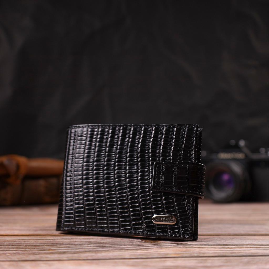 Lacquered Compact Wallet for Men Made of Genuine Textured Leather CANPELLINI 21751 Black