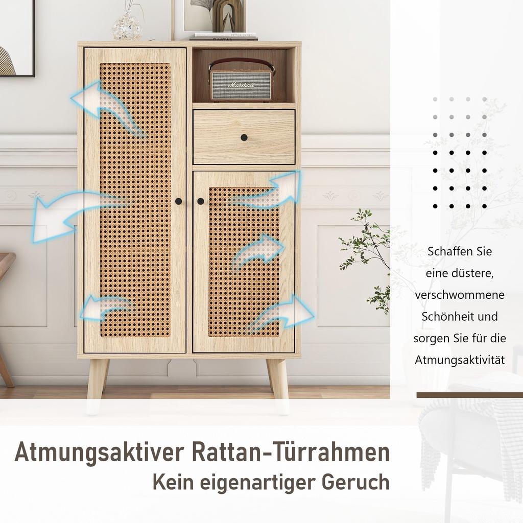 Chest of Drawers Doors, Drawers, Open Storage Compartments, Modern Highboard Made of Wood Rattan Doors, Bedroom, Living Rooms, Office, Oak, 60x40x101cm