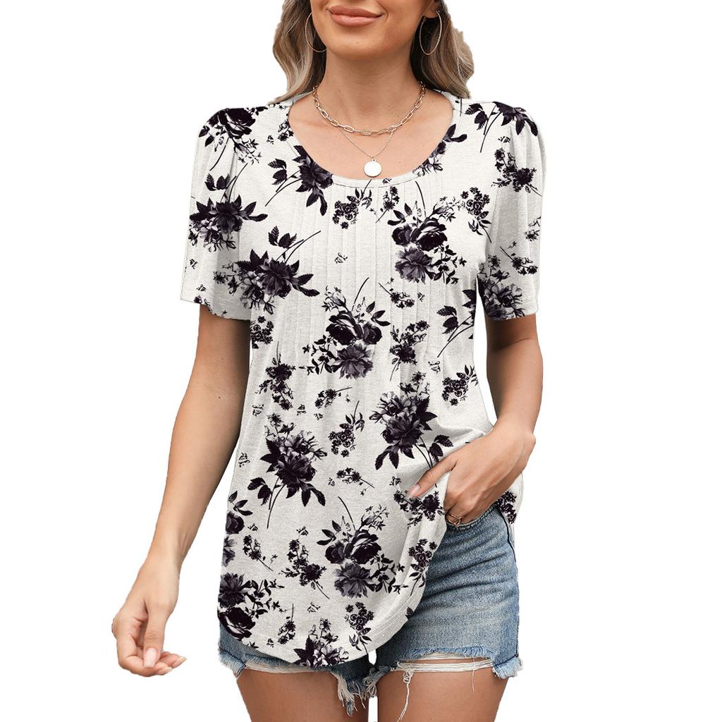 Women's Round Neck Short Sleeve Pleated Loose Fit Leaf Floral Print T Shirt Casual Daily Tunic Top