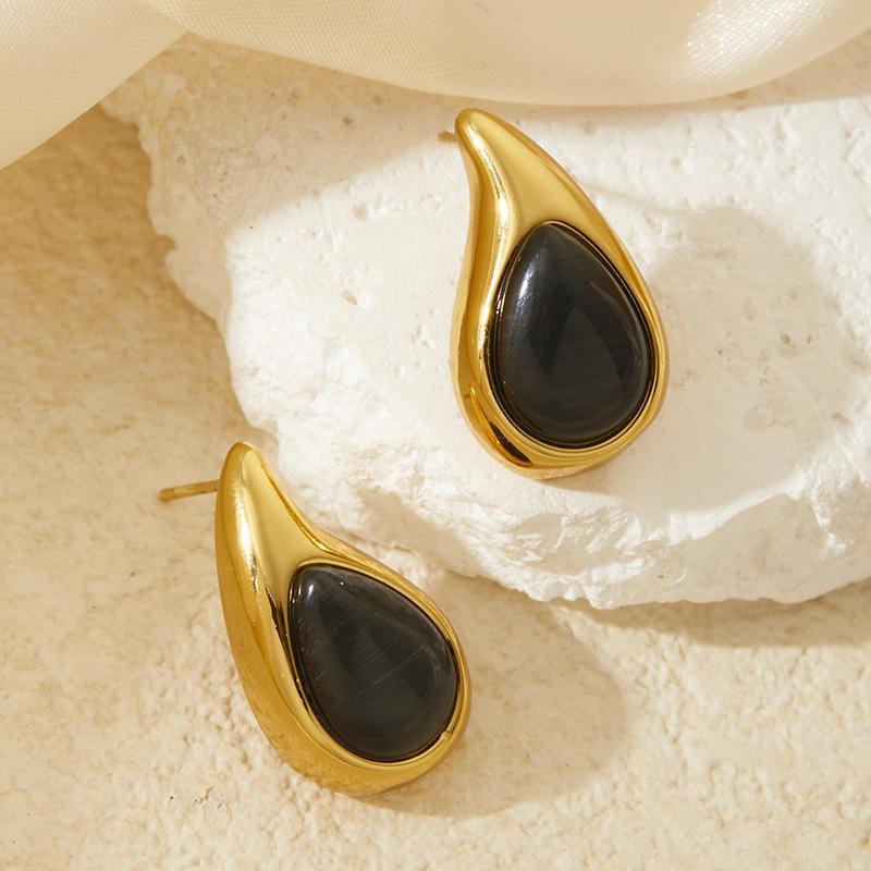 Niche Water Drop Shape Stainless Steel Earrings with Colored Natural Stones - Stylish Retro Women's Studs