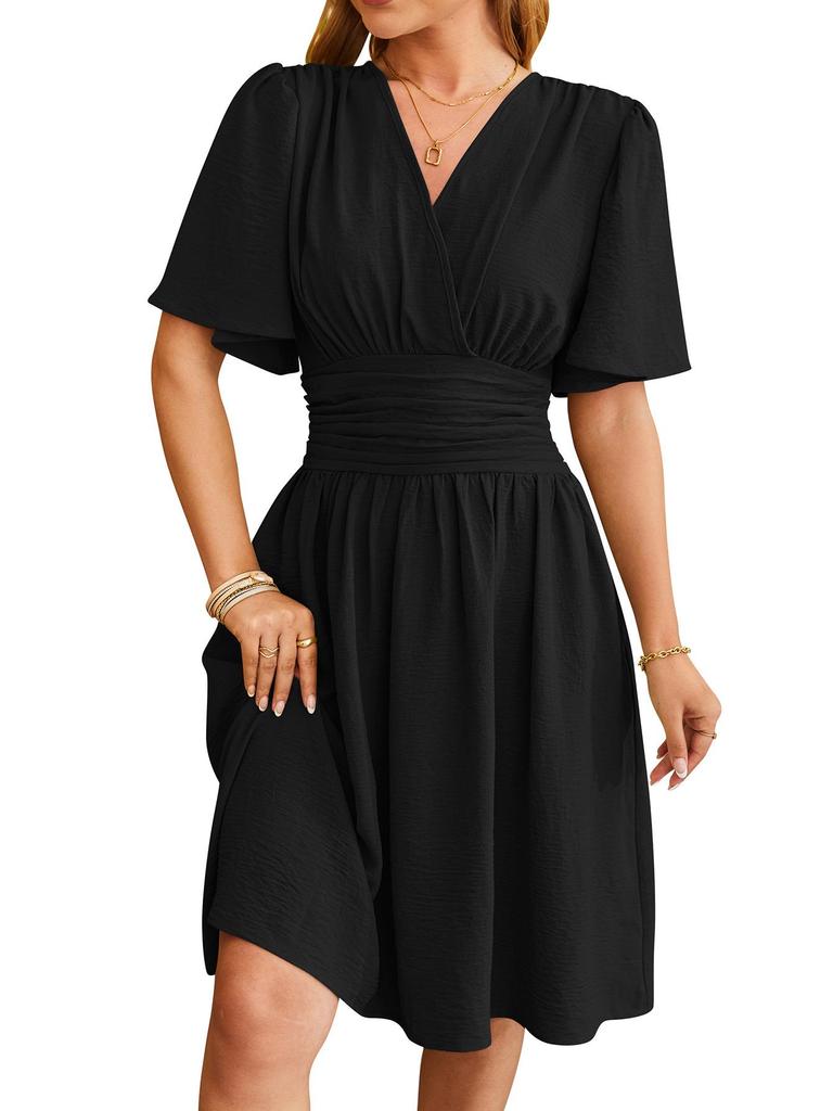 2024 Spring/Summer Women's V-Neck Waist-Cinching Flared Sleeve Dress