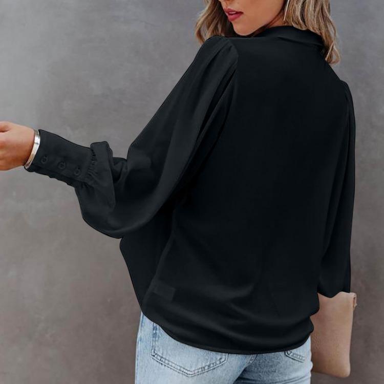 Women Loose Solid Color Button Down Shirt with Pleated Lantern Sleeves