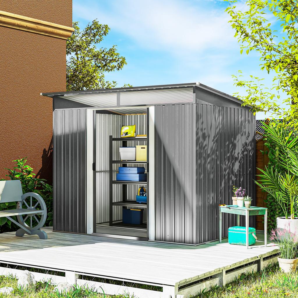 9ft X 6.5ft Garden Storage Shed with Top Window, Metal Outdoor Shed Tool House with Double Doors, Light Grey