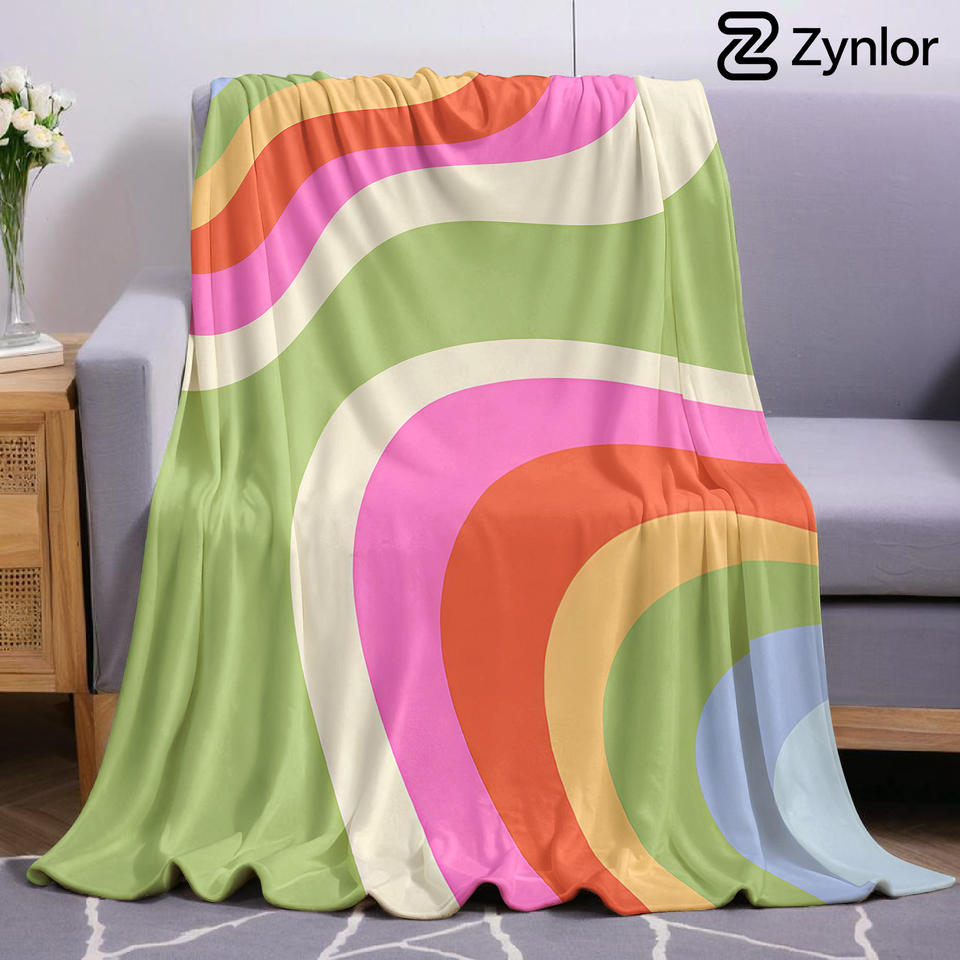 Pastel Curved Color Block Cartoon Anime Print Flannel Blanket Soft Warm Throw for Kids Bedroom Sofa Bed Christmas Office Car