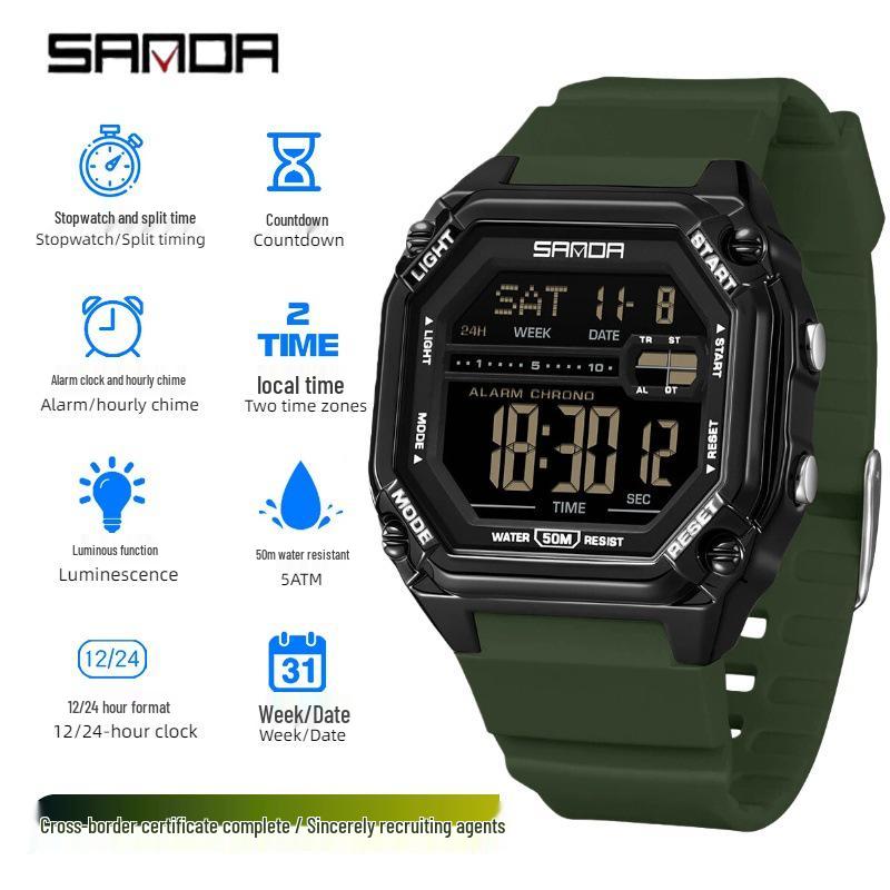 Sanda Men's Multifunctional Waterproof Electronic Watch with Luminous Display and Sports Stopwatch