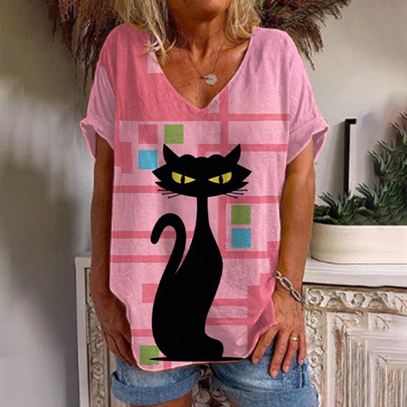 Kawaii Cute 3D Printed Cat Women's T-shirt Women's Clothing Short Sleeve V-neck Summer T-shirt