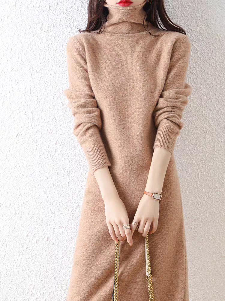 Brand Wool Knit High Neck Slimmer Pullover Sweater Dress - 2025 Autumn/Winter Collection