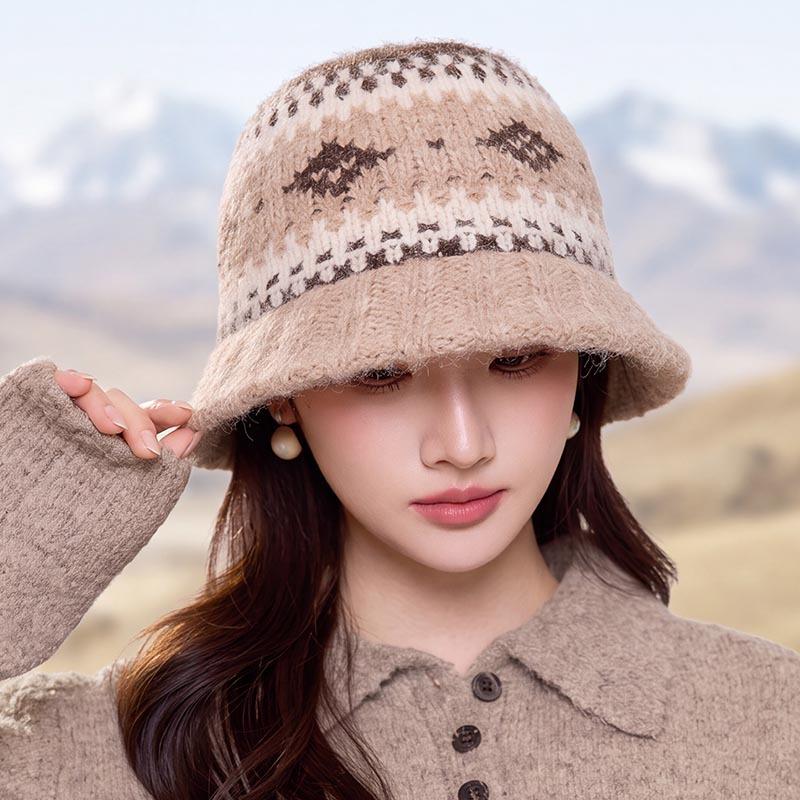 Vintage Fair Island jacquard knitted bucket hat women's autumn and winter thickened warm wool hat showing face small bucket hat