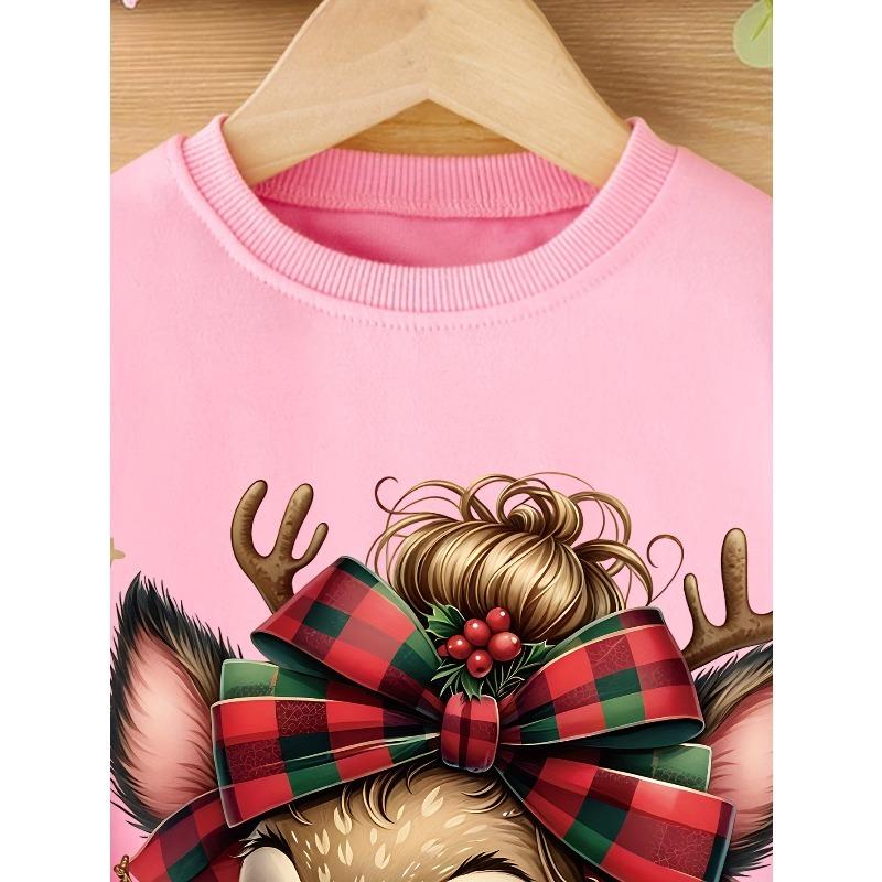 Kids Sweatshirt Christmas Sweatshirt with a Bow And Deer Print, a New Stylish And Versatile Round-Neck Thin Design for Spring And Autumn