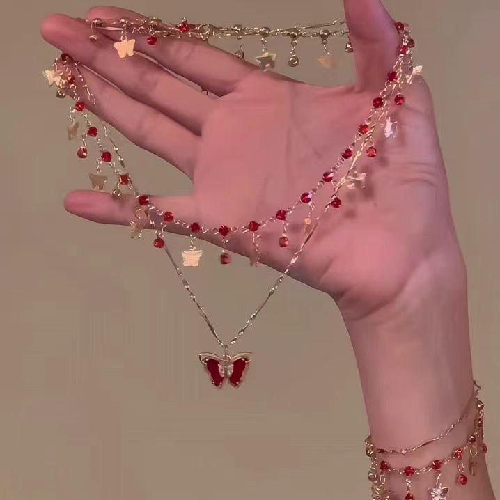 Suitable For Summer Coolness Double-Layer Butterfly Necklace Accessories Women'S Light Luxury Niche Flash Exquisite Collarbone Chain Neck Chain