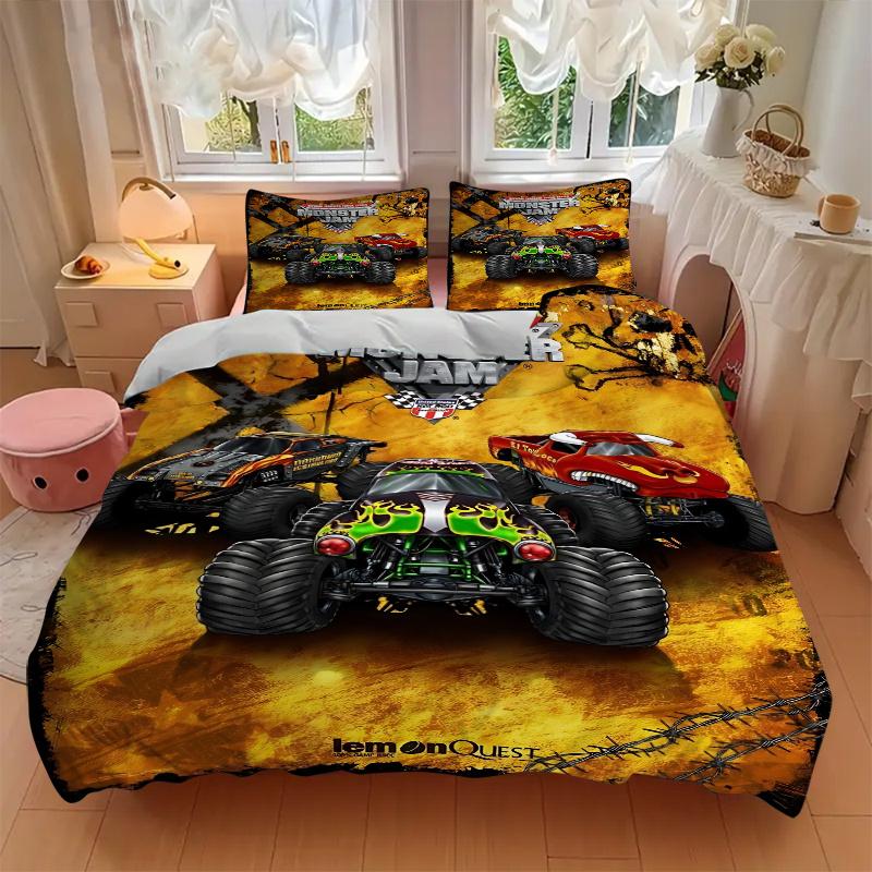 3pcs Monster Truck Series Home Bedding Set-Universal Three-Piece Suit for Bedroom, Guest Room, Living Room, Hotel-Perfect Gift for Fans, Tra
