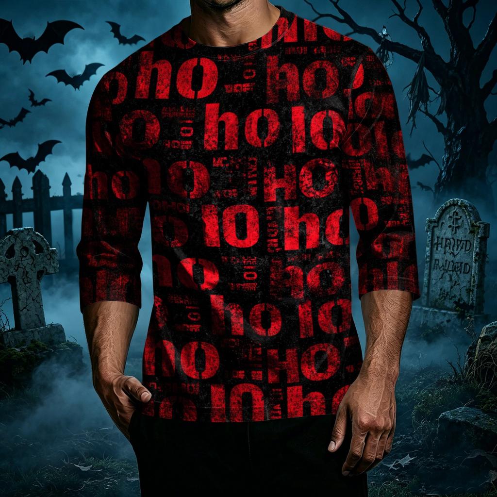 Men's Casual Halloween Print Crew Neck T-Shirt Three Quarter Sleeve Top Lightweight Comfortable Fit