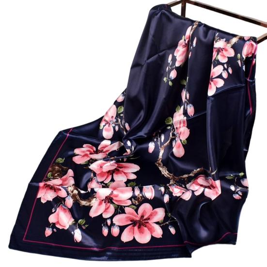 

Изысканный солнцезащитный декоративный шелковый шарф женский элегантный с узором цветущего персика квадратная шаль аксессуары для костюма темно-синий