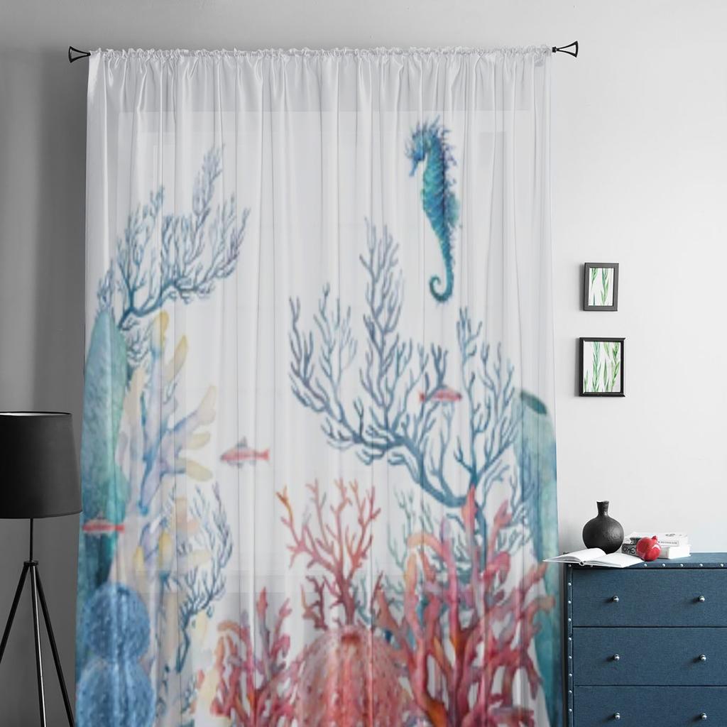 Watercolor Nautical Fishes And Corals Chiffon Sheer Curtains For Living Room Bedroom Decoration Window Tulle Curtains Drapes