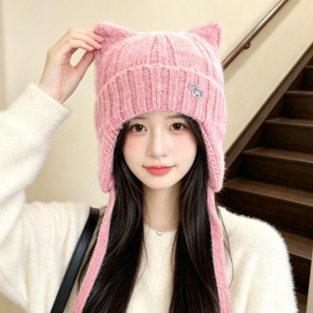 Chin Strap Cat Ear Knitted Hat 55cm To 60cm Circumference Earflap Hat  Snow Weather