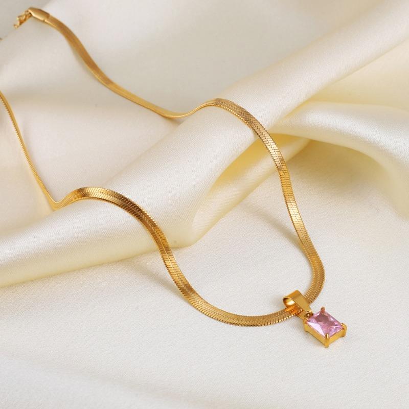 Gold Plated Stainless Steel Herringbone Chain Necklace with Pink Square CZ Pendant
