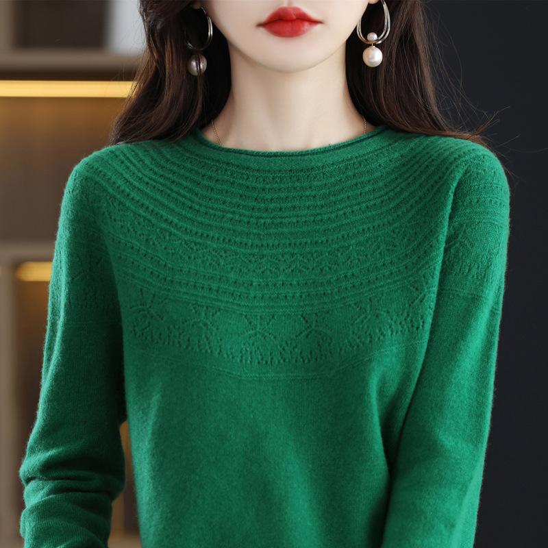 One-line Ready-to-wear Rolled Round Neck Hollow Cardigan for Women In Autumn and Winter Loose and Versatile Cashmere Knitted Base Shirt Top