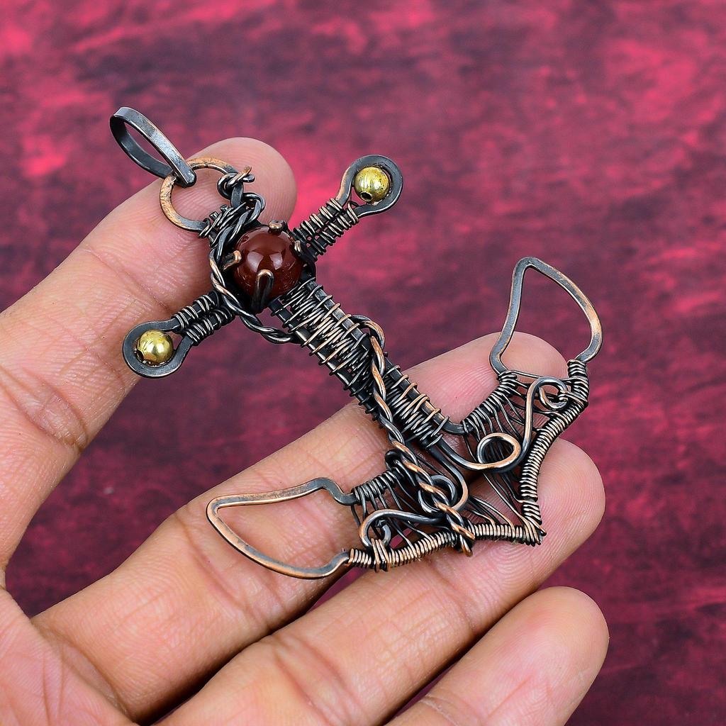 Carnelian Pendant Copper Wire Wrapped Handmade Jewelry Anchor Gemstone Pendant