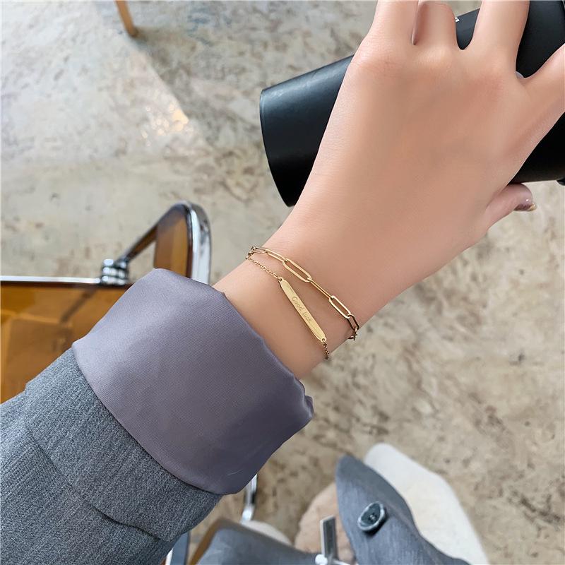Square Pendant Double Layer Bracelet - 18K Gold Plated Titanium Steel, Fashionable European & American Good Luck Chain for New Year.