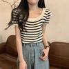 Summer New Temperament Square Neck Striped Versatile Knitted Sweater Short-sleeved T-shirt Top Women